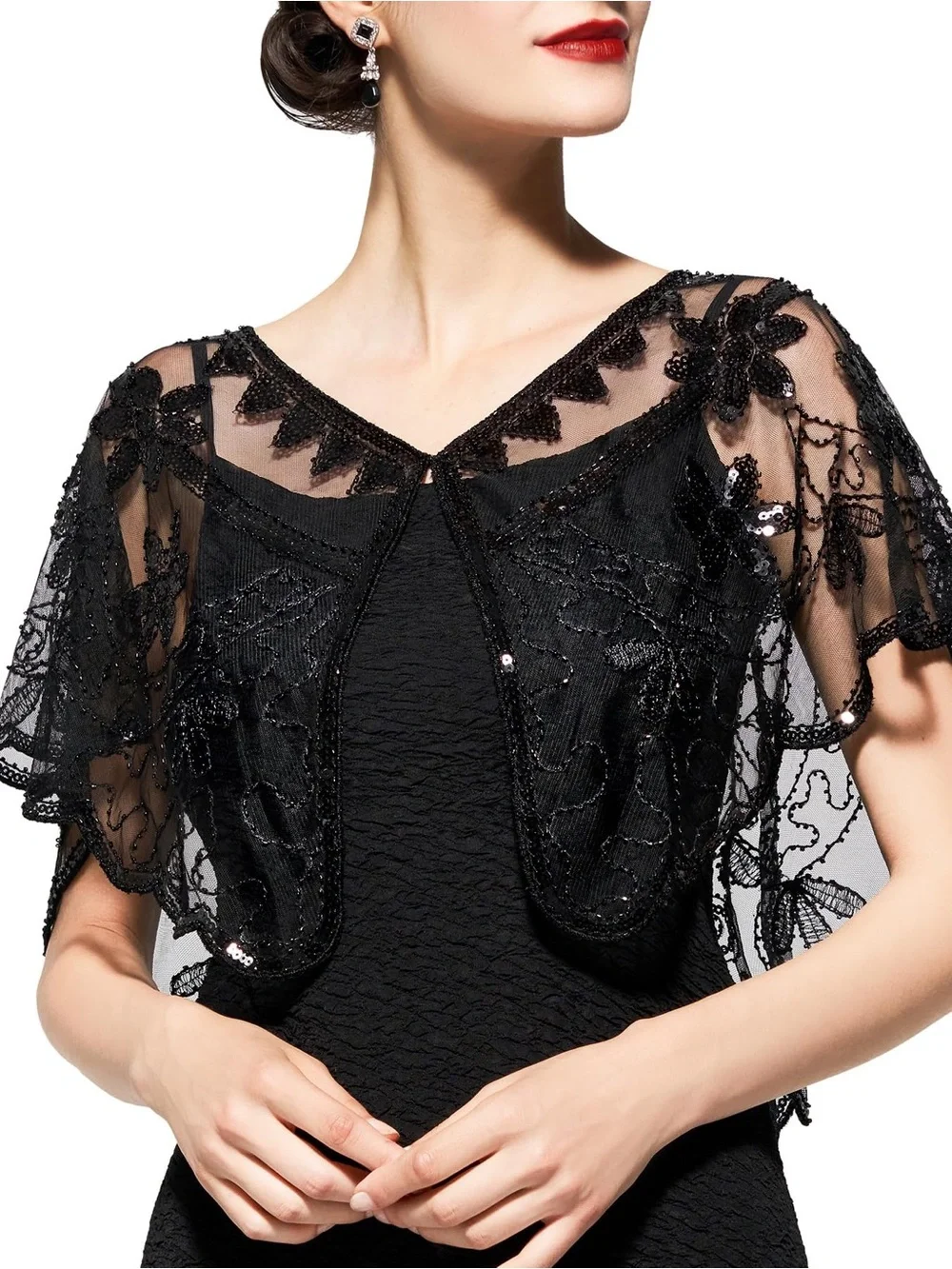 Black Beaded Women's 1920's Sequin Flapper Shawl - OS